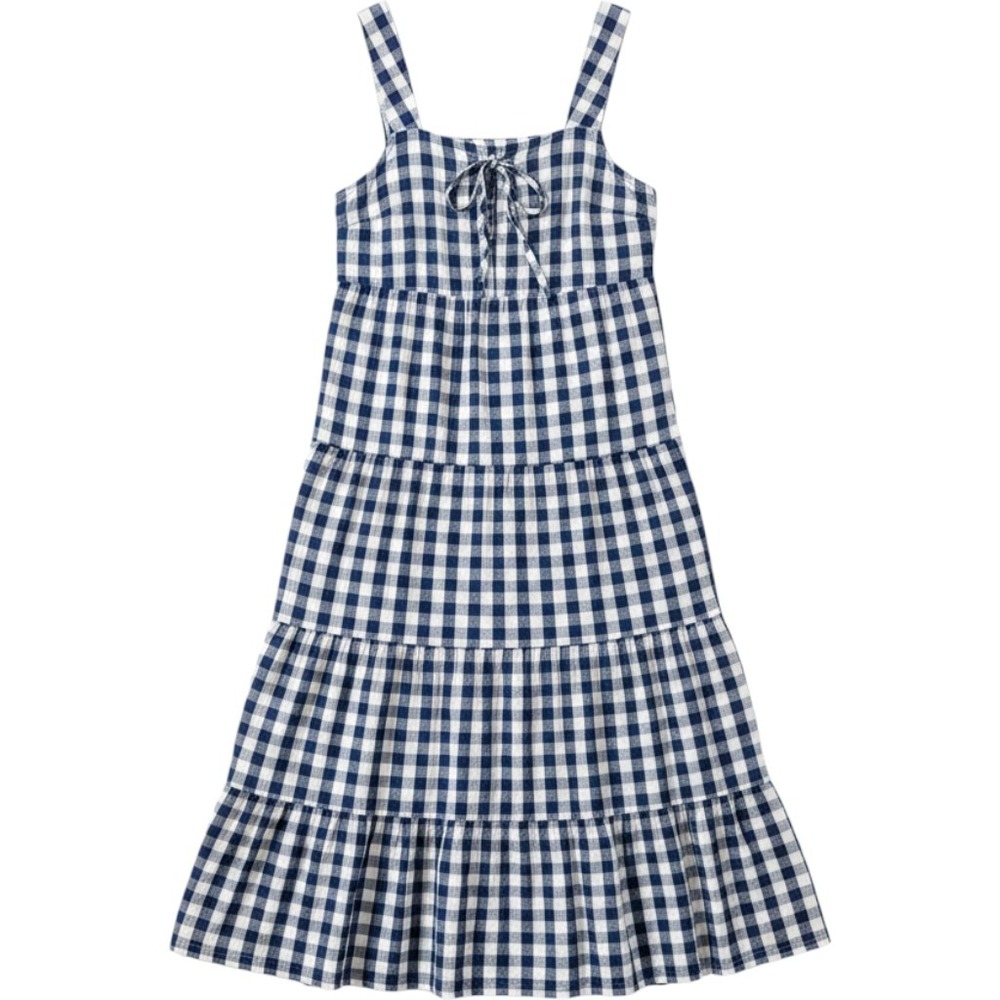 Who What Wear Gingham Linen Blend Tiered Midi Dress Navy Blue White Large